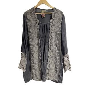Johnny Was Gray Tunic Top with Cream Crochet Trim
